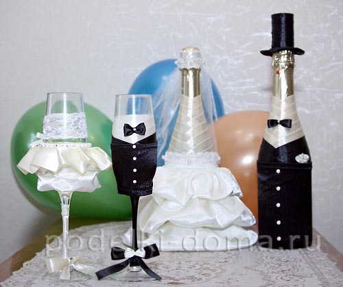 Оформление бутылок шампанского на свадьбу своими руками: мастер-класс по украшению